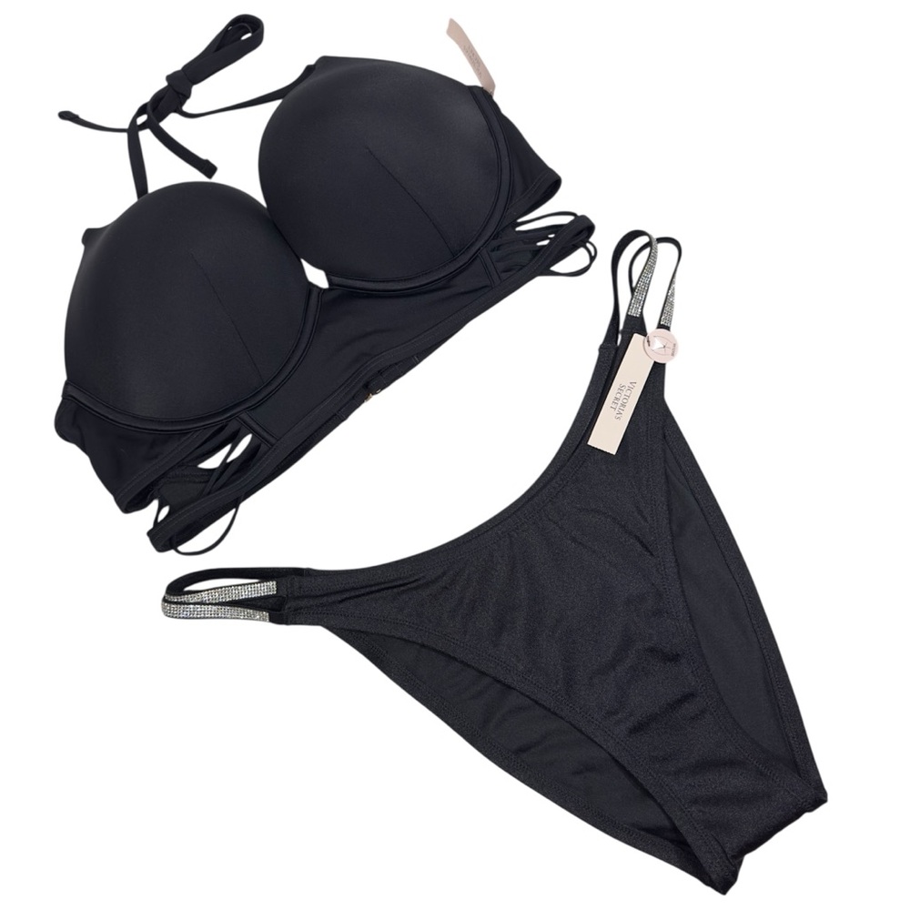 VS Bombshell Bikini‎ Set 38C/XL Brazilian Bottom Rhinestone Strap NWT